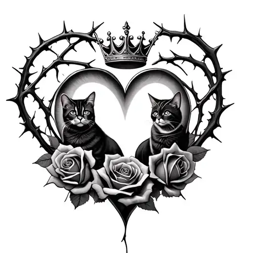 Heart Surrounded By Thorns And Roses With A Crown And Two Cats