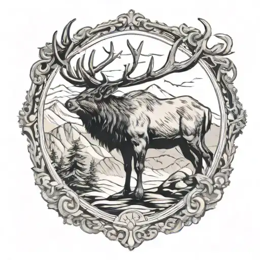 Bull Elk With Mountain Scene With Antique Gold Picture Frame
