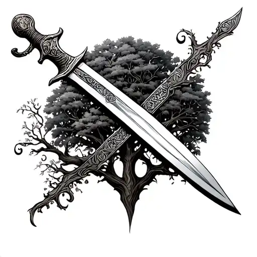 Zulfiqar Sword On Back Tattoo With Family Tree Intertwined