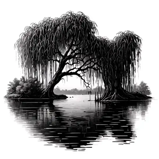Tall Weeping Willow Tree On Water