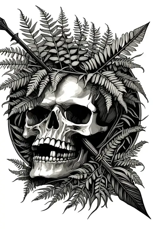 Arrow Intertwined With Ferns Sprouting From A Skull