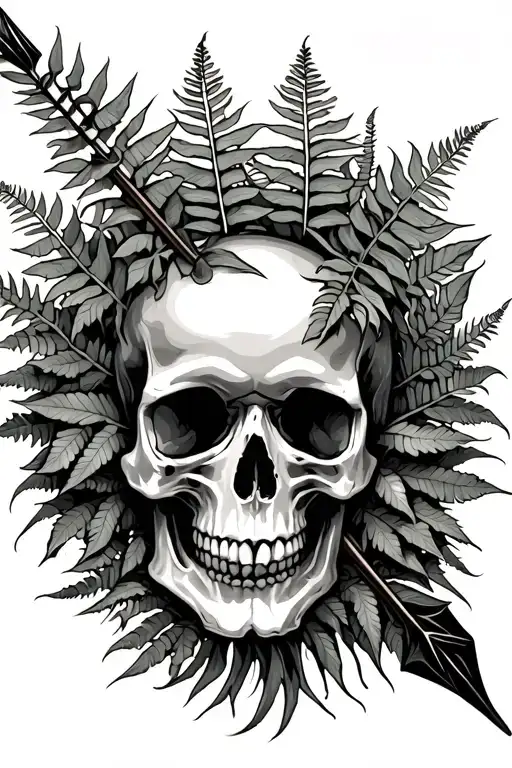Arrow Intertwined With Ferns Sprouting From A Skull