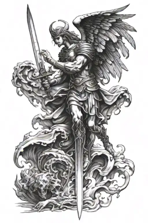 Archangel Micheal Hovering Over The Depths Of Hell Sword In Hand About To Kill The Devil
