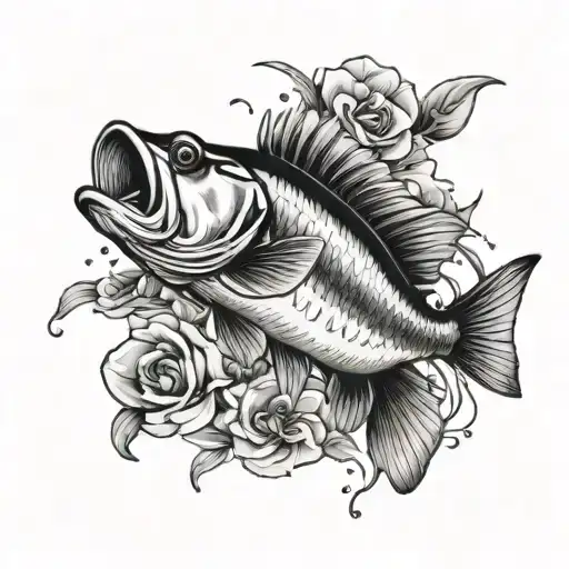 Bass Fishing Tattoo Design And Add Flowers