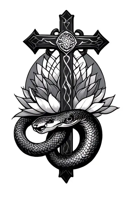 Judeo Christian Cross With A Buddhist Lotus And A Snake