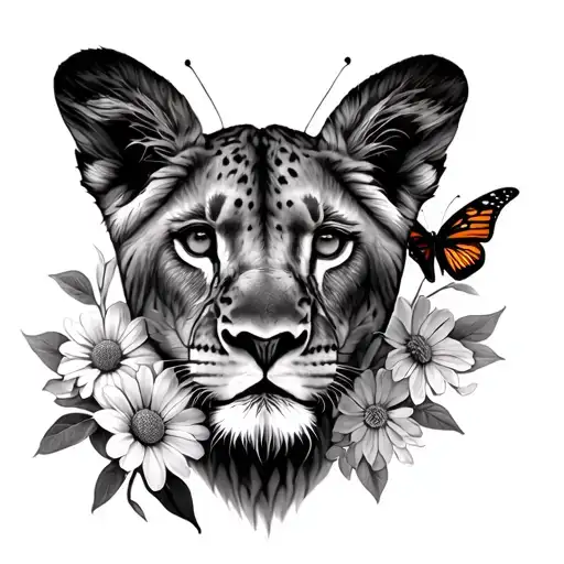 Lioness Flower Butterfly Cubs Face Only