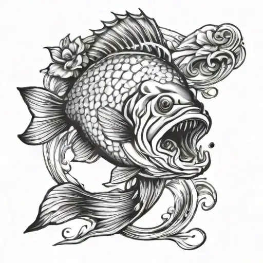 A Man Bass Fishing Tattoo Design And Add Flowers Coming