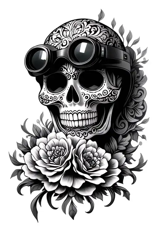 Sugar Skull With Slovak Folklore Patterns And Night Vision Goggles