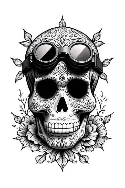 Sugar Skull With Slovak Folklore Patterns And Military Night Vision Goggles