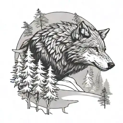 Wolf In Snow With Trees And Eagle In The Sky