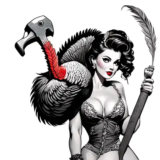 Turkey Feather With Sledge Hammer And Pinup Girl