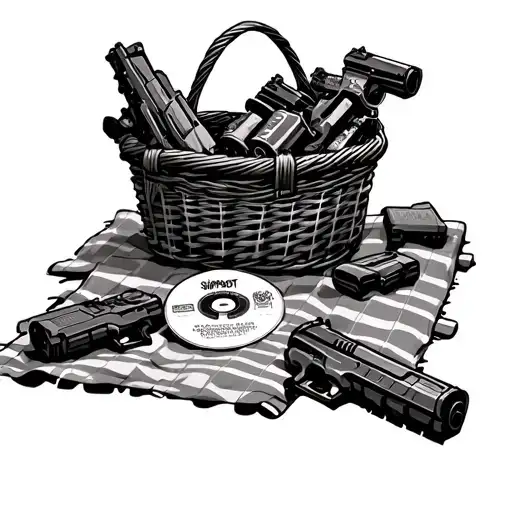 Picnic Blanket With Basket Of Nerf Guns And Cd Disk Of Slipknot And Chevelle