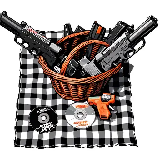 Picnic Blanket Squared With Basket Of Nerf Toy Guns And Cd Disk Of Slipknot And Chevelle