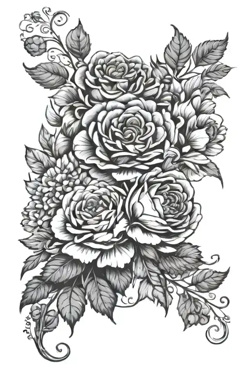 Large Roses Carnations Dahlias Azaleas All Connected By Vines And Leaves