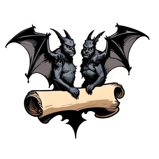 2 Bats Holding A Scroll Twining