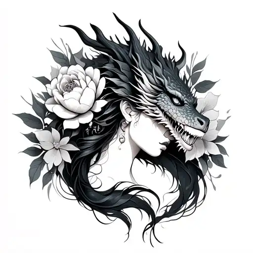 Hip Tattoo Dragon Woman With Peony Flowers
