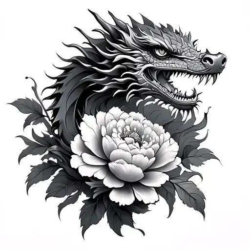 Hip Tattoo Dragon With Peony Flowers