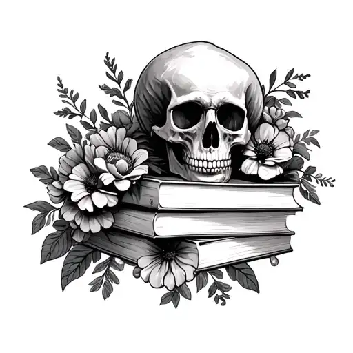 Skull On A Stack Of Books Surounded By Flowers