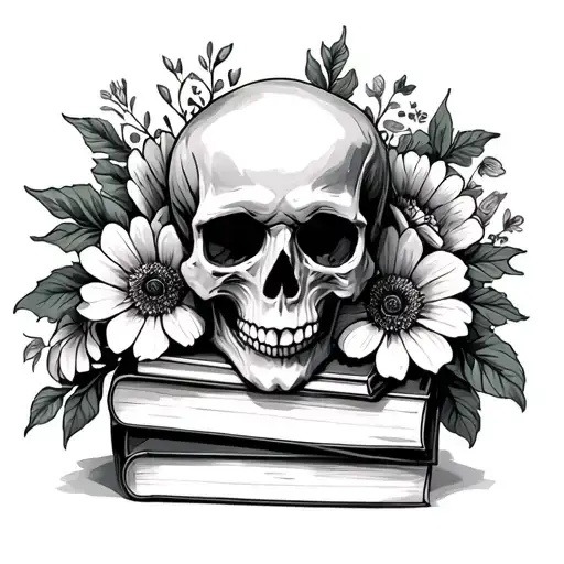 Skull On A Stack Of Books Surounded By Flowers
