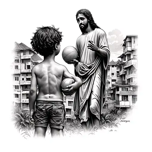 Brazilian Kid With A Ball In His Hands Around Favelas Looking At Jesus Status In Brazil