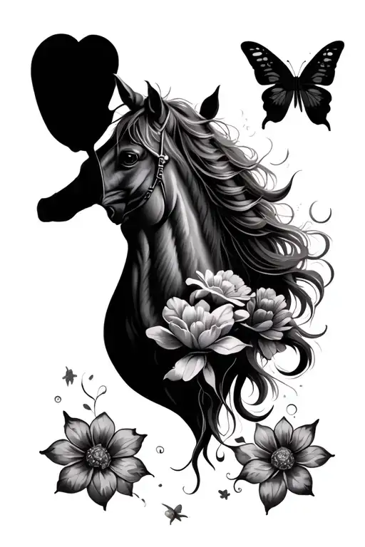 Horse Head With Long Mane Turning Into Flowers And Butterfly's