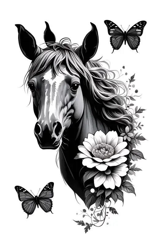 Horse Head With Long Mane Turning Into Flowers And Butterfly's
