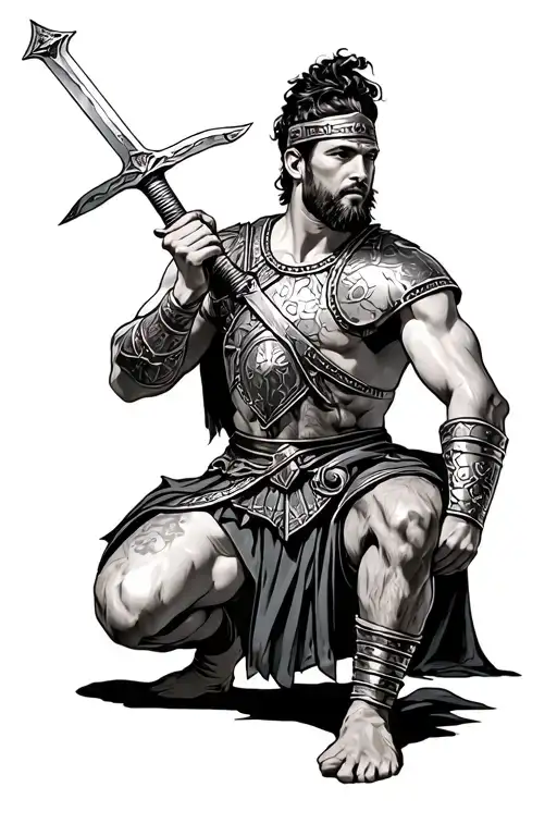 A Kneeling Roman Gladiator Holding A Sword