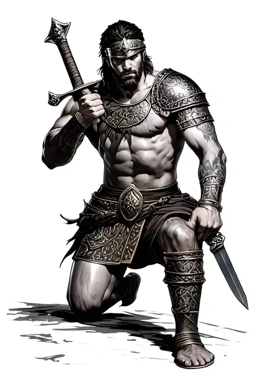 A Kneeling Roman Gladiator Holding A Sword