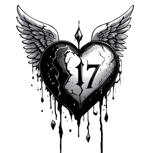 Broken Heart Stitched Up With The Number 17 In The Middle With The Heart Crying With Angel Wings