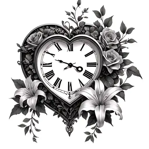 Heart Shaped Clock With Roses And Stargazer Lilies With Vines