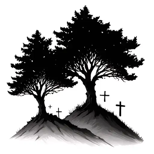 Two Trees And Cross On Three Separate Hills