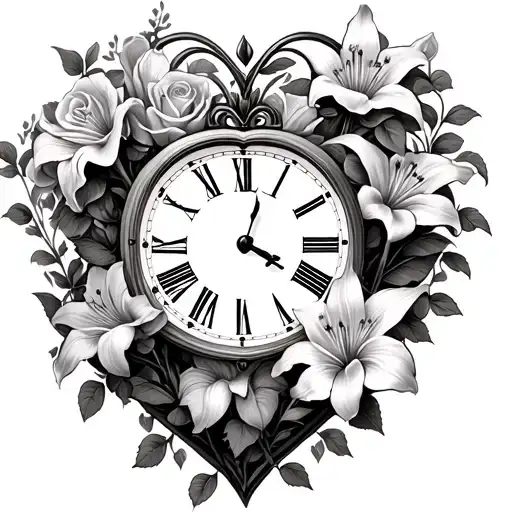 Heart Shaped Clock With Roses And Stargazer Lilies With Vines