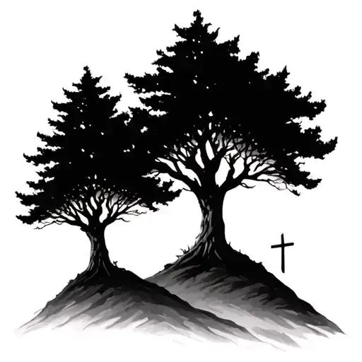 Two Trees And Cross On Three Separate Hills