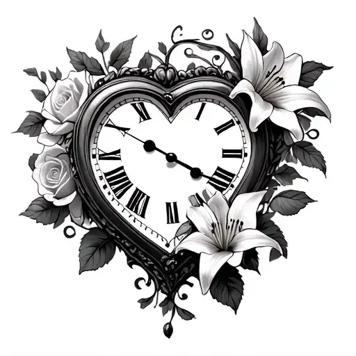 Heart Shaped Clock With Roses And Stargazer Lilies With Vines