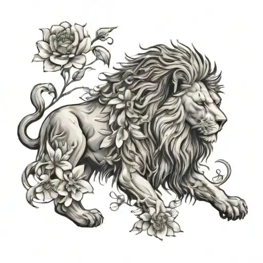 Lion Surrounded By Flowers Blooming