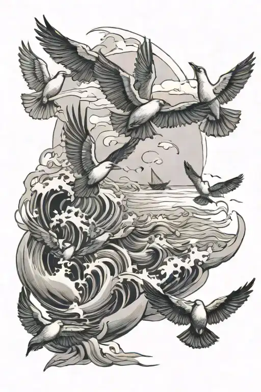 Ocean And Birds Flying