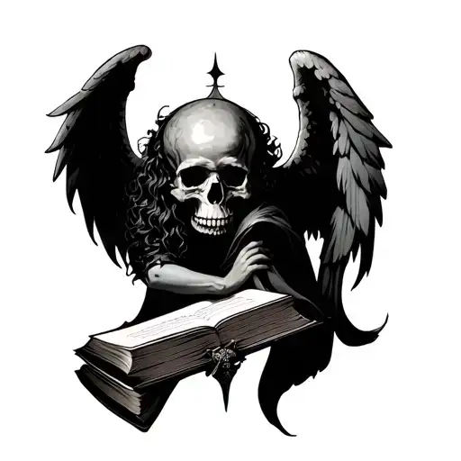 Book & Skull Azazel With Angel Holding Each Other Representing