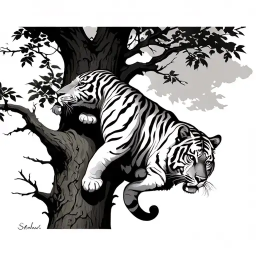 Tiger Climbing A Tree