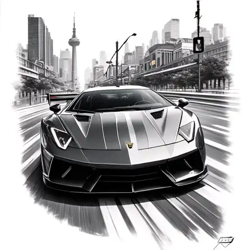 Create A Tattoo Featuring A Sleek Sports Car Racing Through The Streets Of Toronto