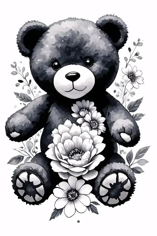 A Teddy Bear Surrounded By Flowers In Watercolor Design