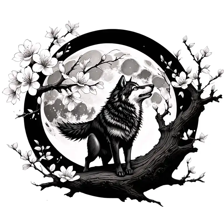 Falling Cherry Blossom Full Moon With A Howling Wolf