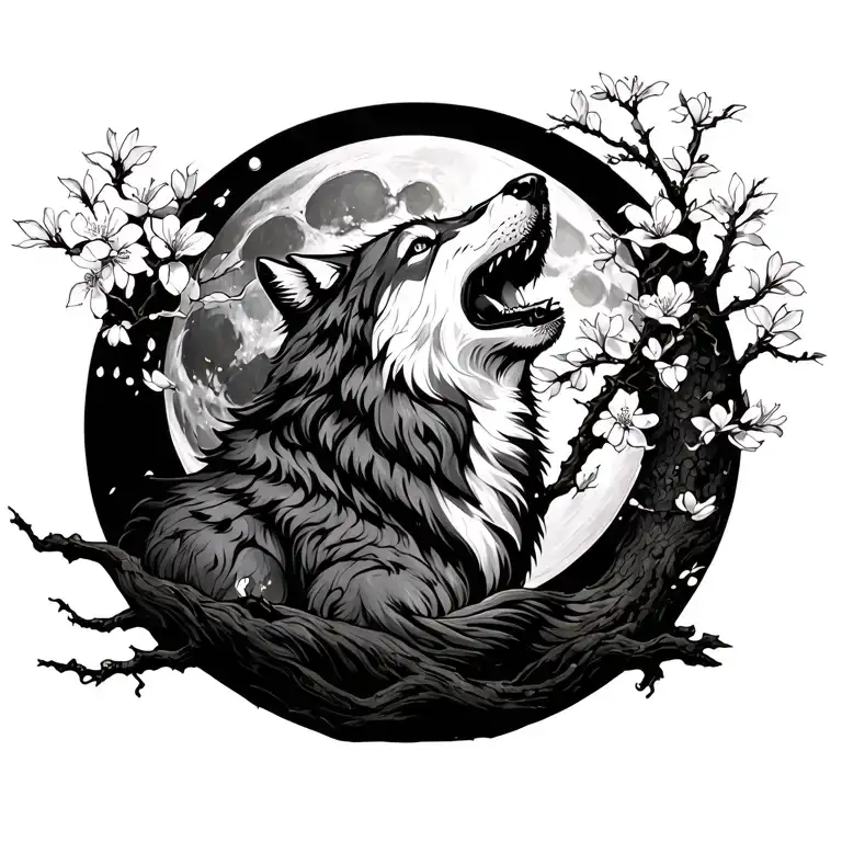Falling Cherry Blossom Full Moon With A Howling Wolf