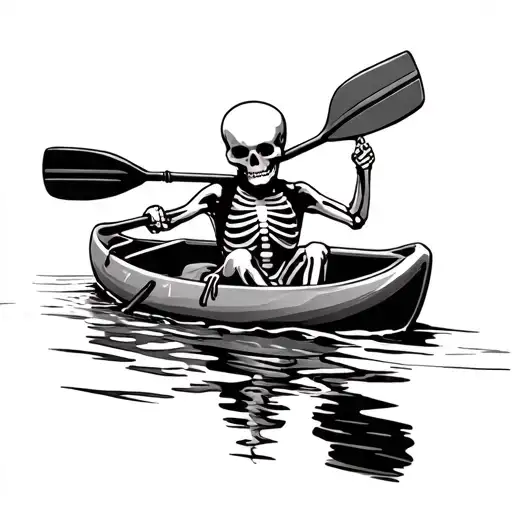 Skeleton In A Kayak Holding A Paddle In The Air