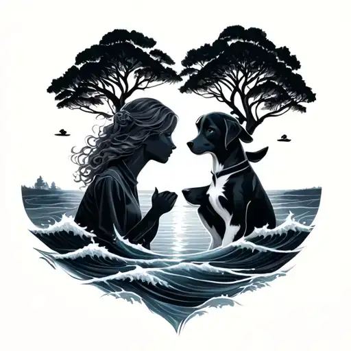 A Daughter And A Dog With Waves And Sunset And Trees