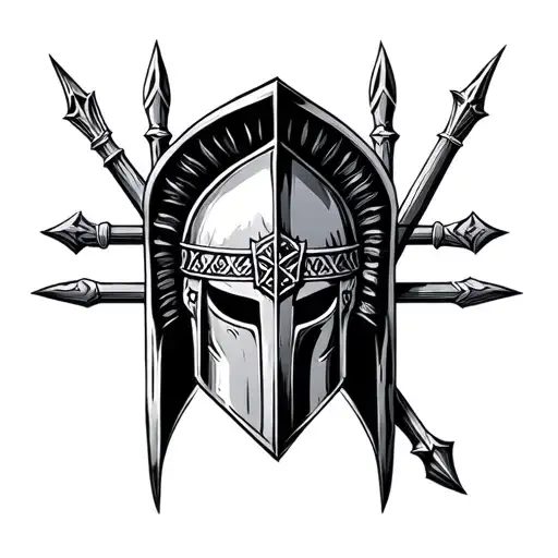 Spartan Helments With Greek Runes And A Spear In The Backgroung