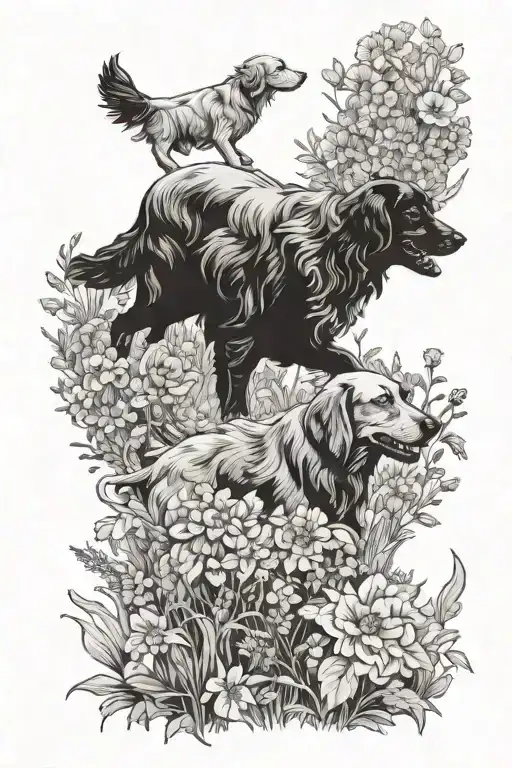 Small Black Dog Running Alongside Large Longhair Retriever Dog In A Field Of Flowers