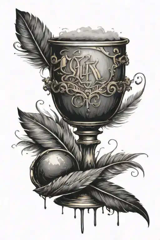 Chalice With Ink One Feather Quill Scrawling I Am Immortal Onto It God's Stamped On In Gold Words