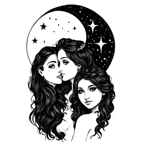 Star Moon And Theatre Inspired Tattoo For Simbolizing 3 Sister