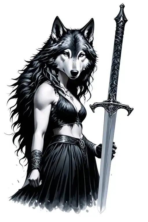 Wolf And Woman Holding A Sword