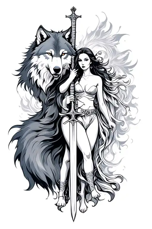 Wolf And Woman Holding A Sword Surrounded